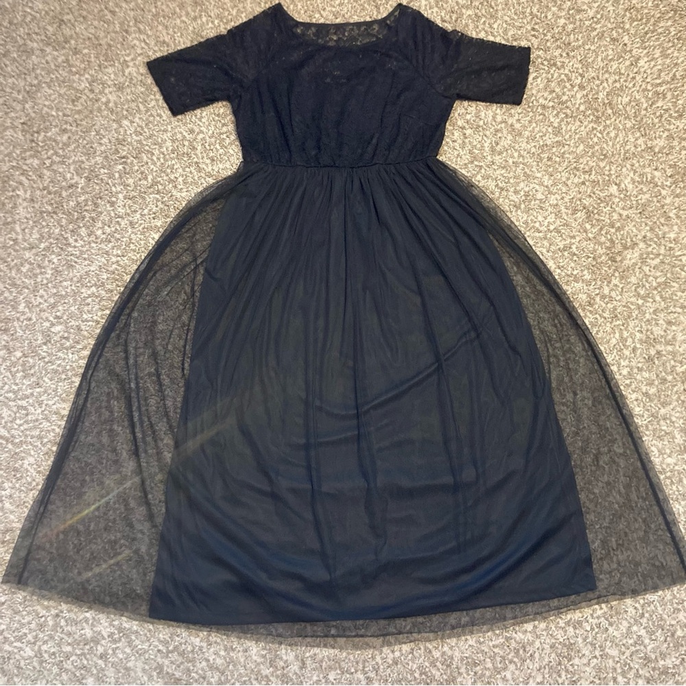 *NWOT* Candalite Woman Black Stretch Lace & Tulle Maxi Dress Gown, Sz 2X, 18/20